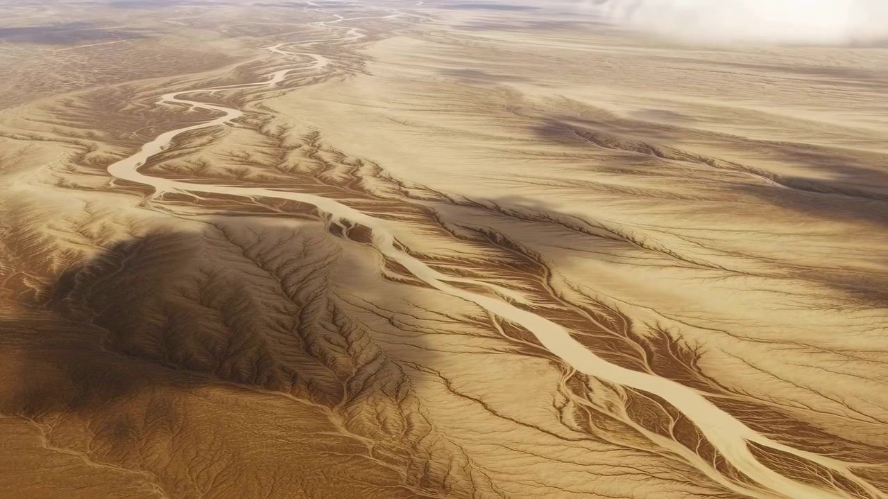 Vista aerea obliqua dall'alto di un fiume intrecciato che serpeggia attraverso una pianura desertica arida con canali ramificati, banchi di sabbia e calde ombre della luce solare attraverso un terreno texturizzato