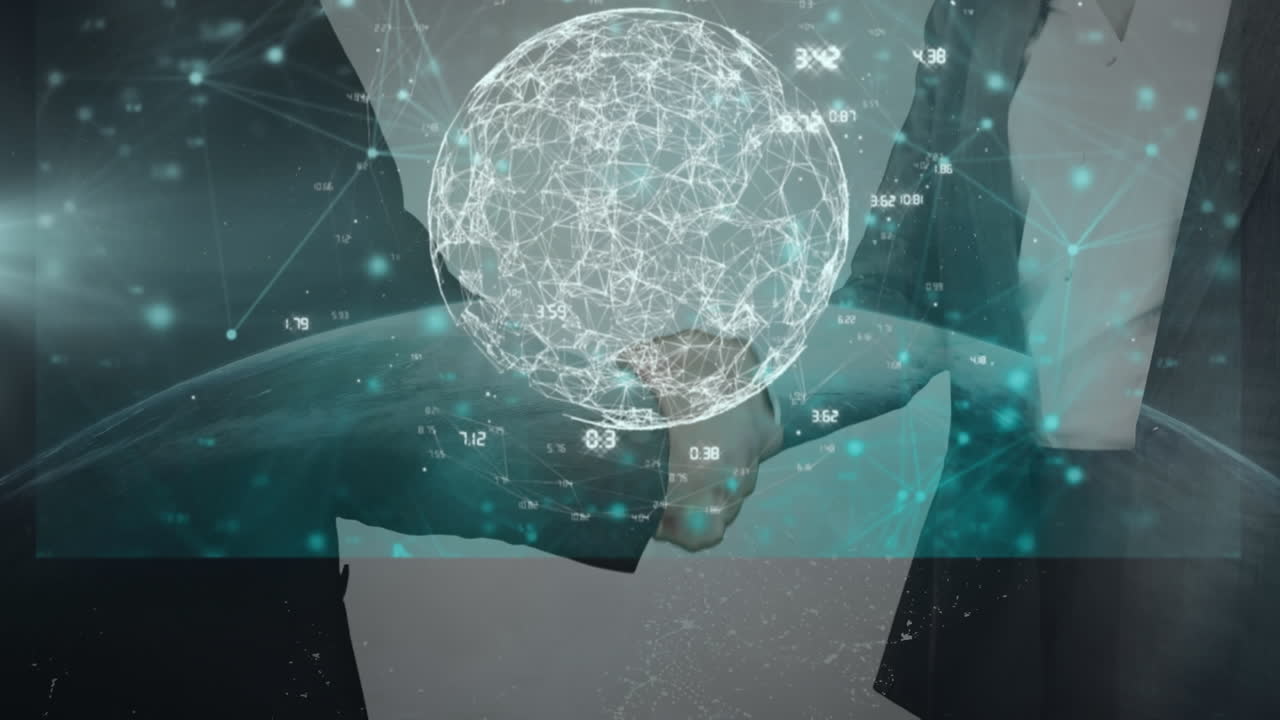 비즈니스맨과 비즈니스맨이 지구에 손을 흔들고 있는 중간 섹션에서 데이터 처리