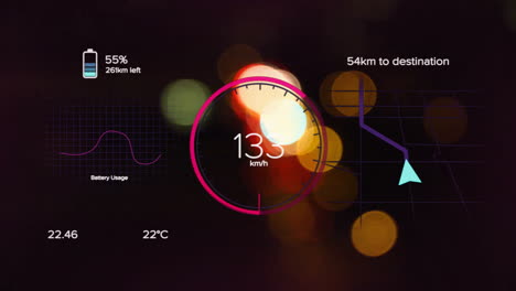 animación de los iconos eco procesamiento de datos sobre las luces de la ciudad fuera de enfoque