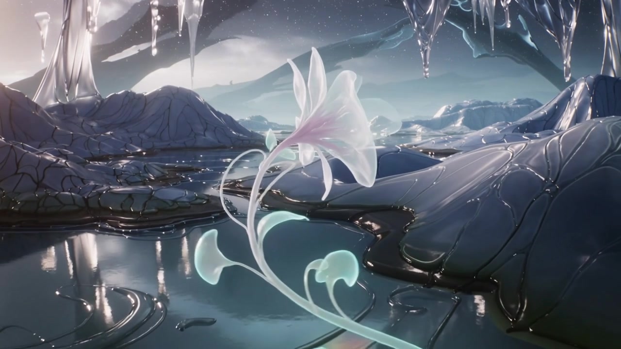 Blooming glowing bloom tilting and drifting left across frozen lake toward pale light with icicles