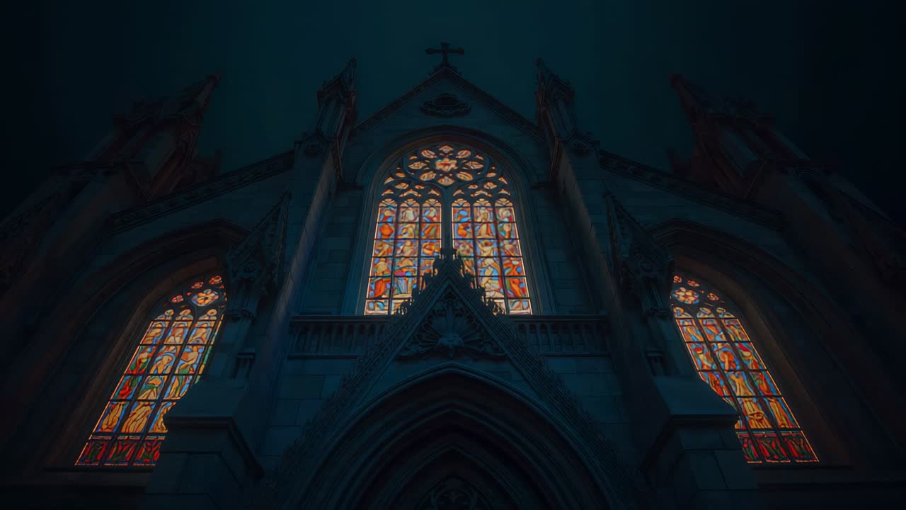 Clip starting with camera capturing church facade at night showing glowing stained-glass windows