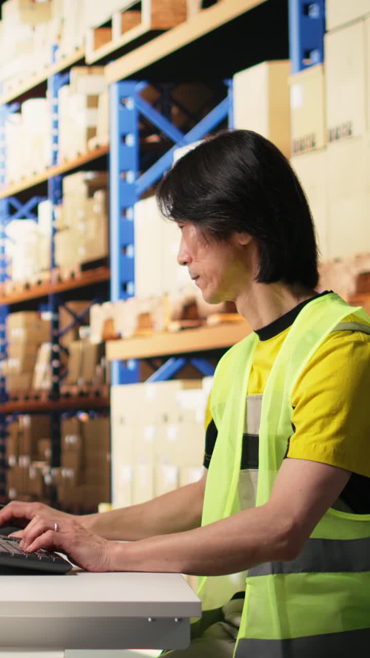 Vertical Video Asian depot worker in hi vis vest scanning barcode labels on boxes