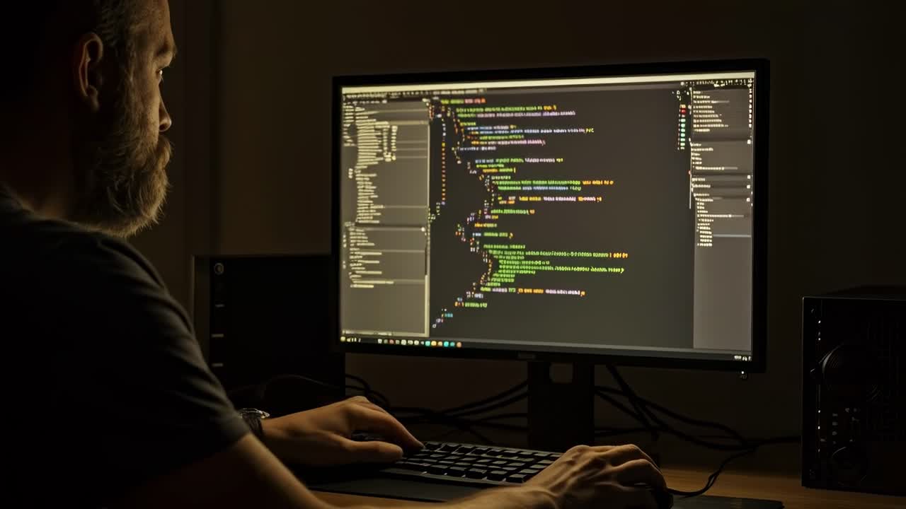 In a dimly lit room filled with a creative ambiance, a coding session unfolds, focusing intently on various programming tasks