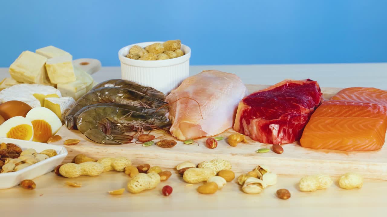 고기, 견과류, 유제품 등 단백질이 풍부한 다양한 음식들이 밝은 조명으로 테이블 위에 예술적으로 배열되어 있습니다.