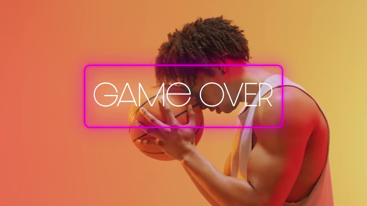 Animation of game over text over basketball player on neon background