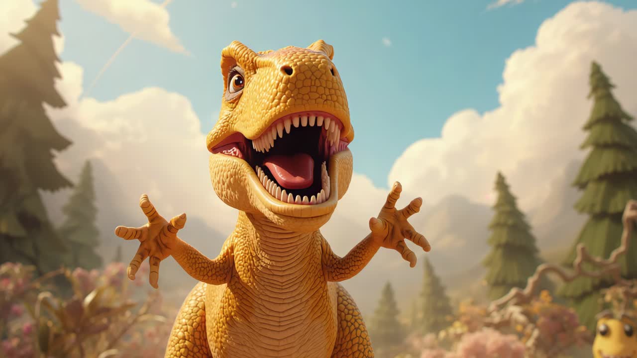 Dinosauro cartone animato in un paesaggio naturale