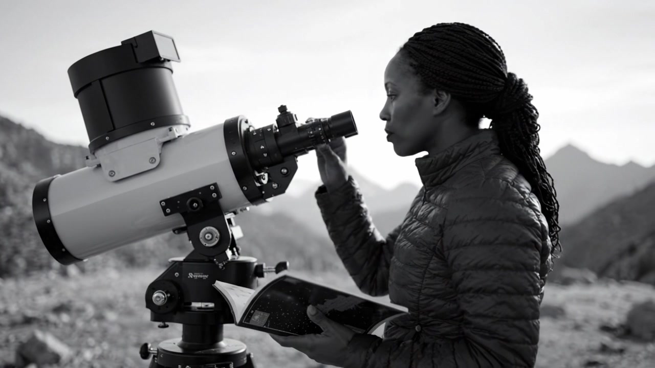 Exploration du Cosmos : Une femme utilisant un télescope pour observer les corps célestes dans un magnifique paysage montagneux par une journée claire.