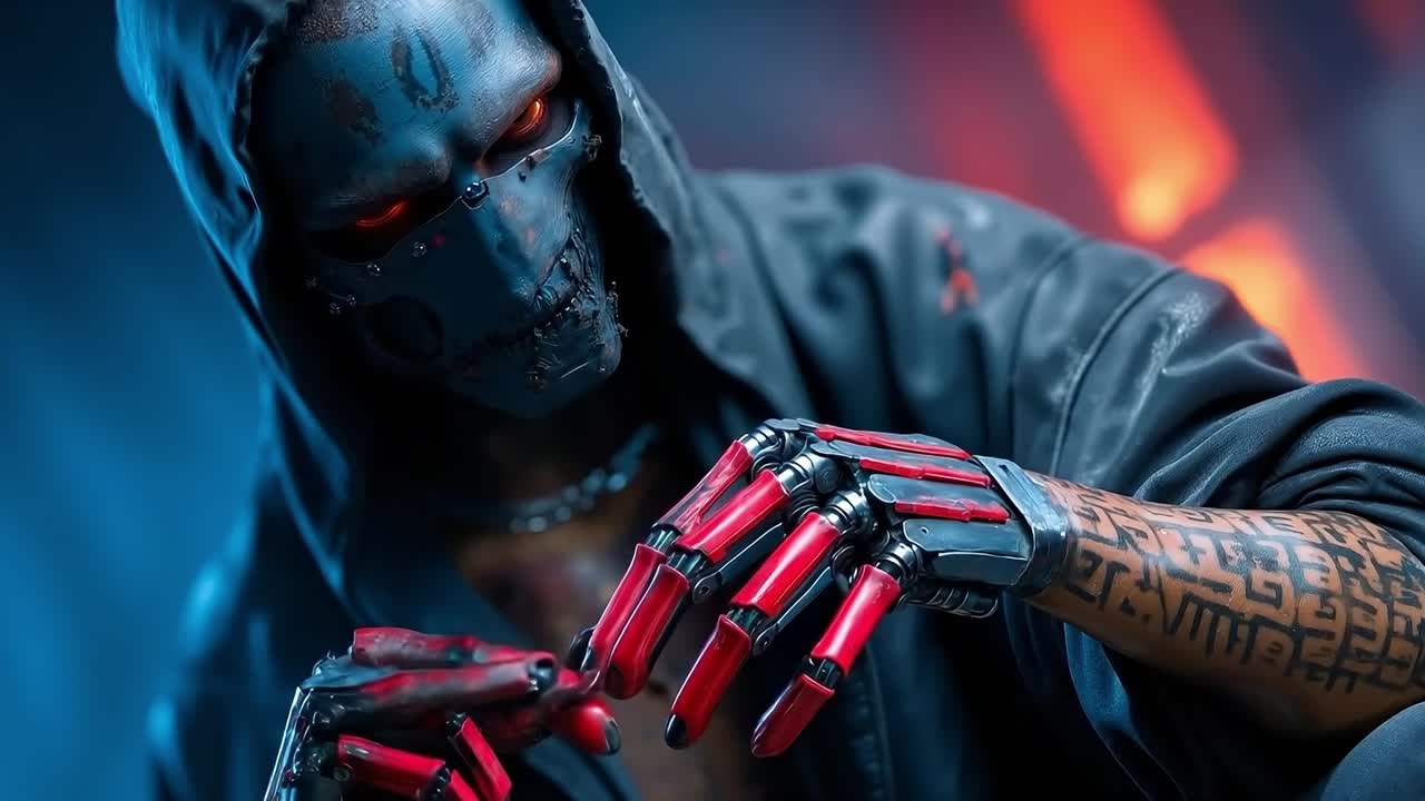 A man in a hoodie with a skull mask and red gloves