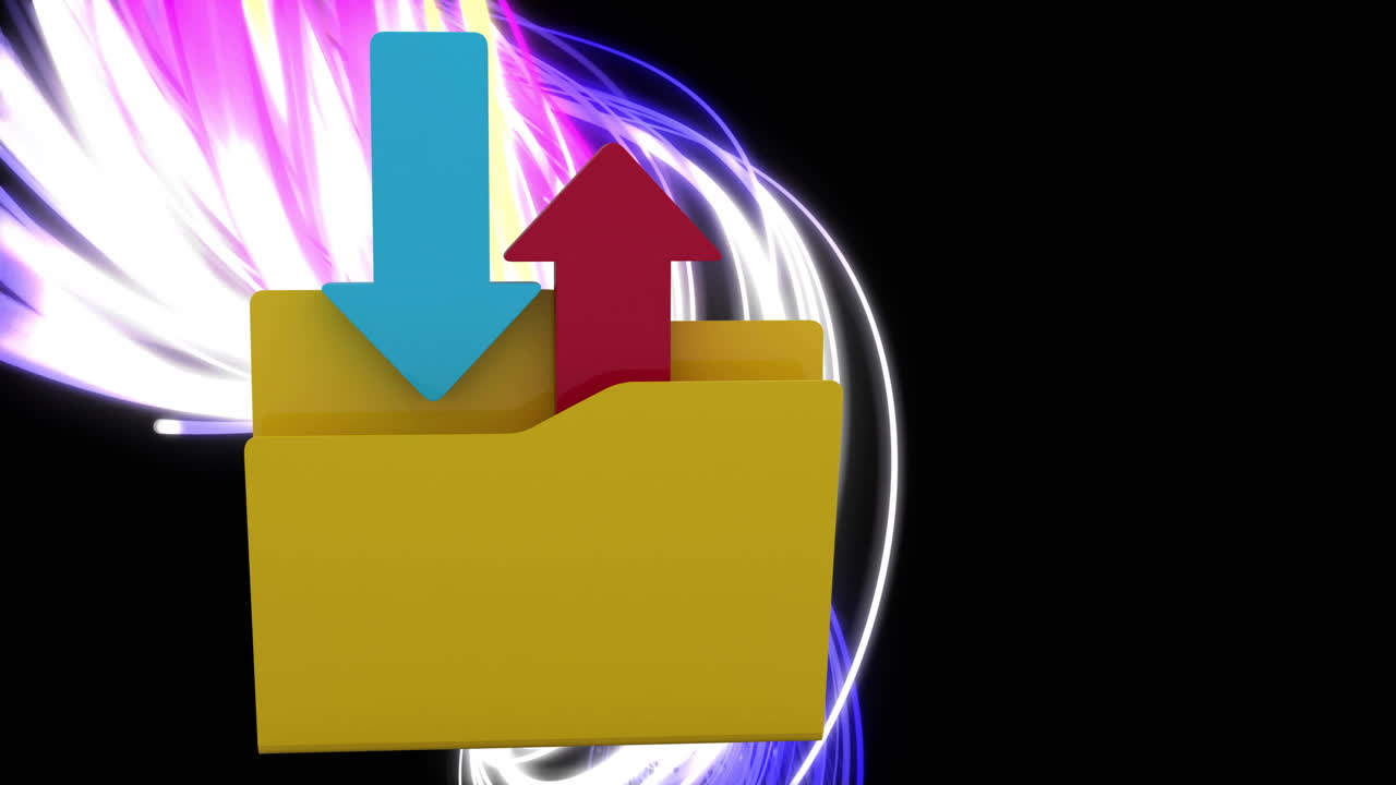 animación de la carpeta de entrada y salida y procesamiento de datos digitales sobre rastros de luz en fondo oscuro