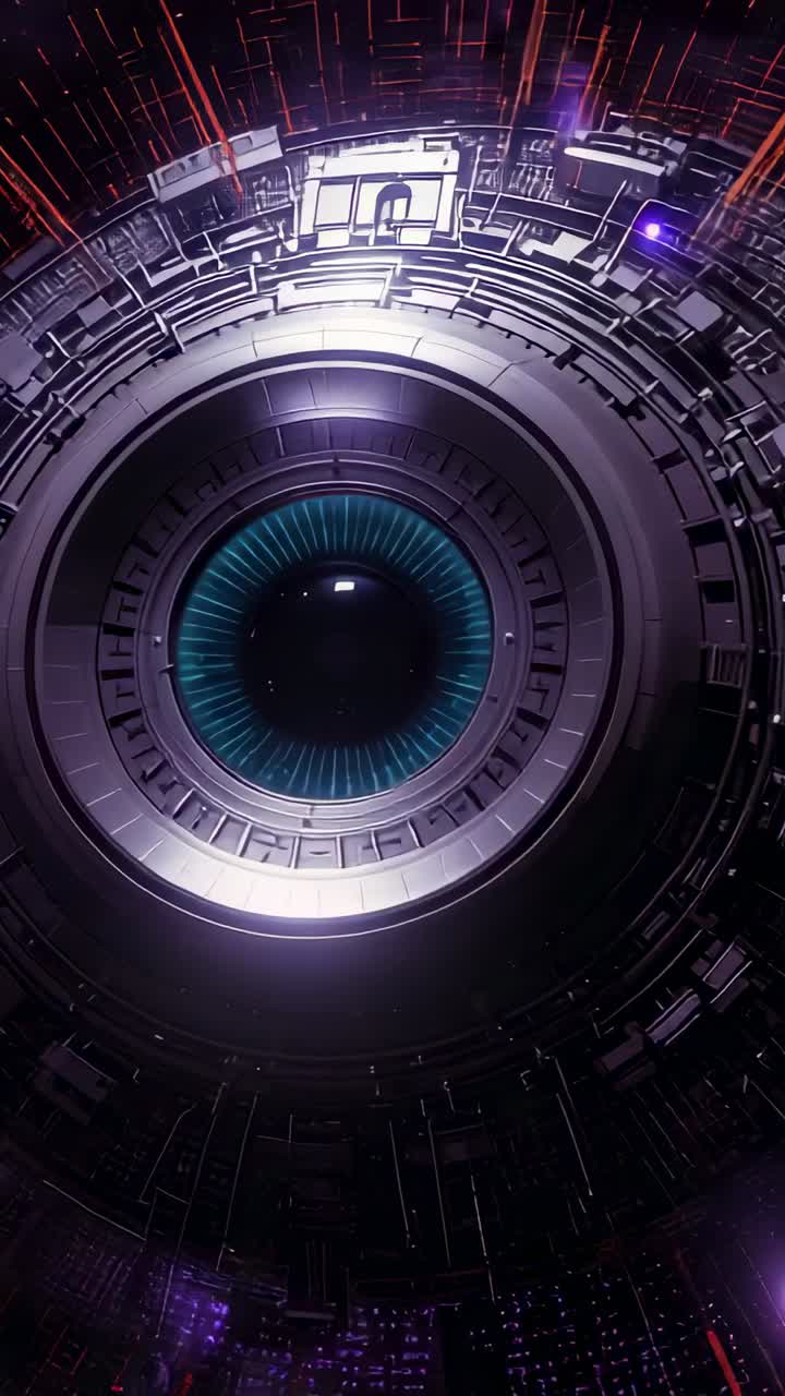 Vertical video: Powering up circular teal ring rotating and scanning in chamber, with pulsing beams