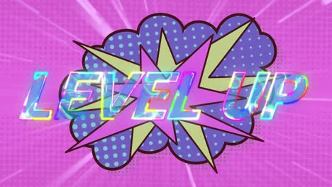 animation of level up text over retro speech bubble and pattern background