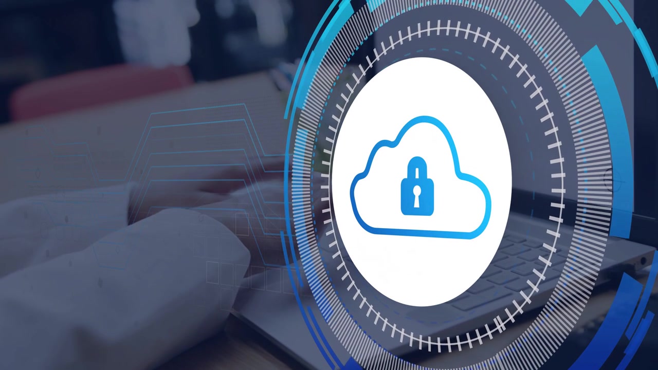 Woman typing on laptop, initiating expanding cloud-lock HUD obscuring hands securing cloud data