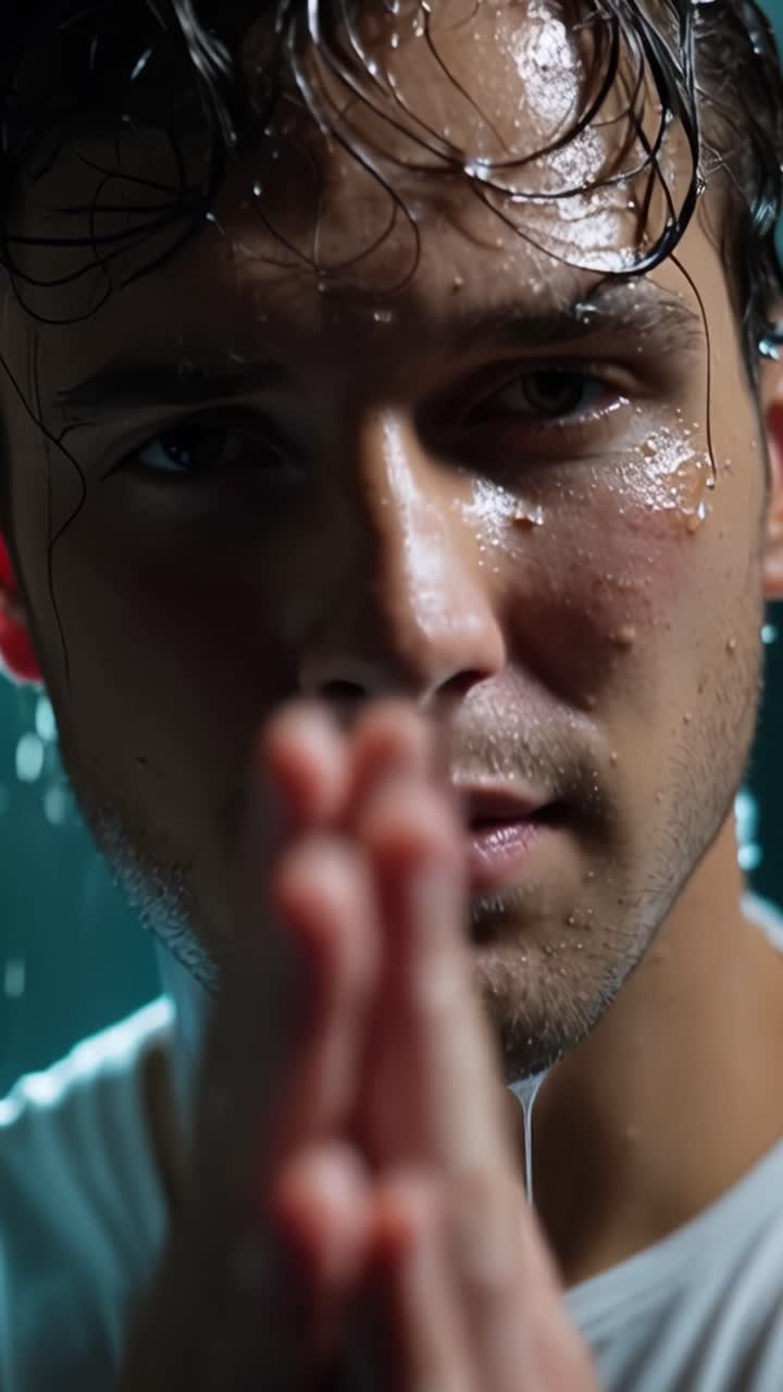 Um jovem contemplativo está sob uma cascata de água, capturado na transição de pensamentos, mesclando emoções e a beleza crua das gotas de água na pele