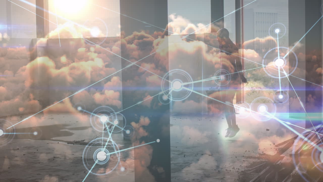 animación de procesamiento de datos sobre nubes y deportista afroamericana saltando la cuerda