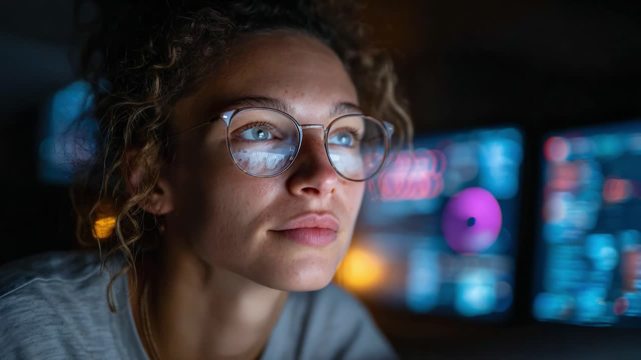 Contemplative Focus: Close-Up of a Young Woman with Glasses Deep in Thought, Illuminated by Multi-Color Screens in a Dimly Lit Room, Engaged in Tech Exploration