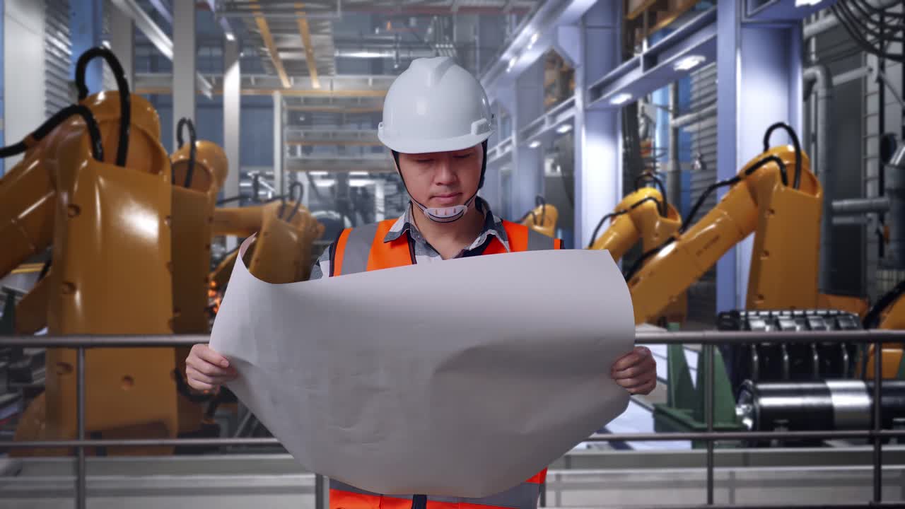 Asian Male Engineer With Safety Helmet Looking At Blueprint In His Hands And Looking Around While Standing With Industrial Robotic Arms Working