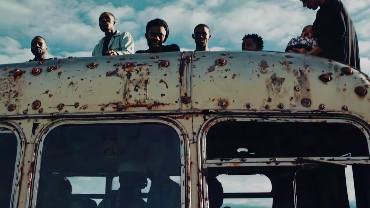 지나치게 비는 버스 지붕 장면