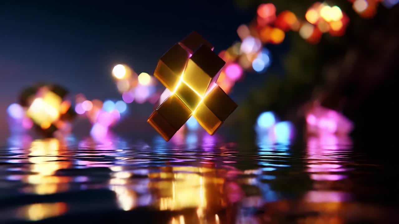 A Floating Golden Cube in the Night: Captivating Reflections and Vibrant Colors Create a Magical Aesthetic Over Calm Waters in This Stunning Visual Presentation of Creativity and Design