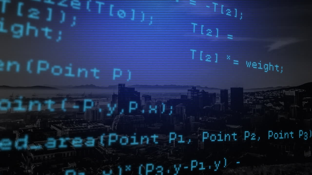 해변과 해양 풍경 위에 파란색 라인 화면에 데이터 처리의 애니메이션