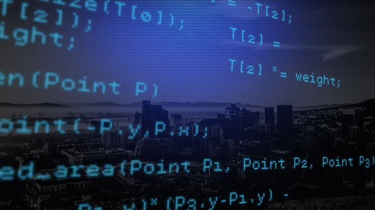 Animation of data processing on blue lined screen over beach and seascape