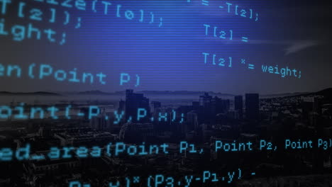 animation of data processing on blue lined screen over beach and seascape