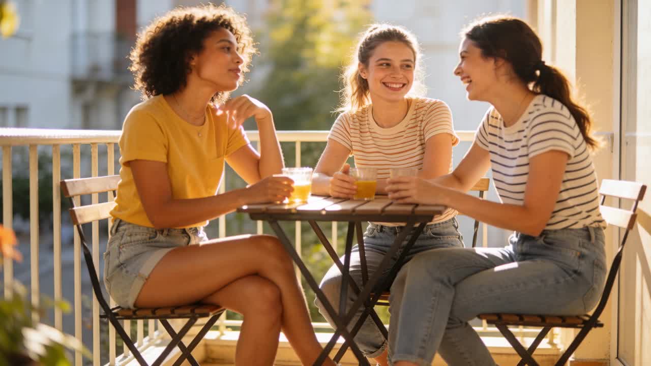 Smiling, catching up, three women in denim around balcony table under late sun with orange drinks