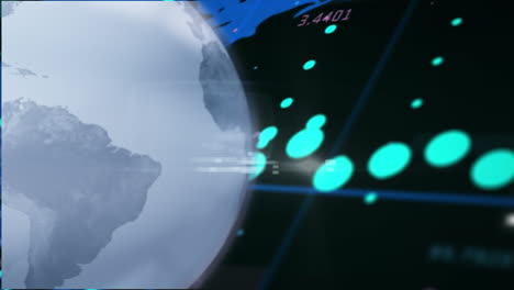 animación del procesamiento de datos sobre el mapa del mundo y el globo azul sobre fondo negro