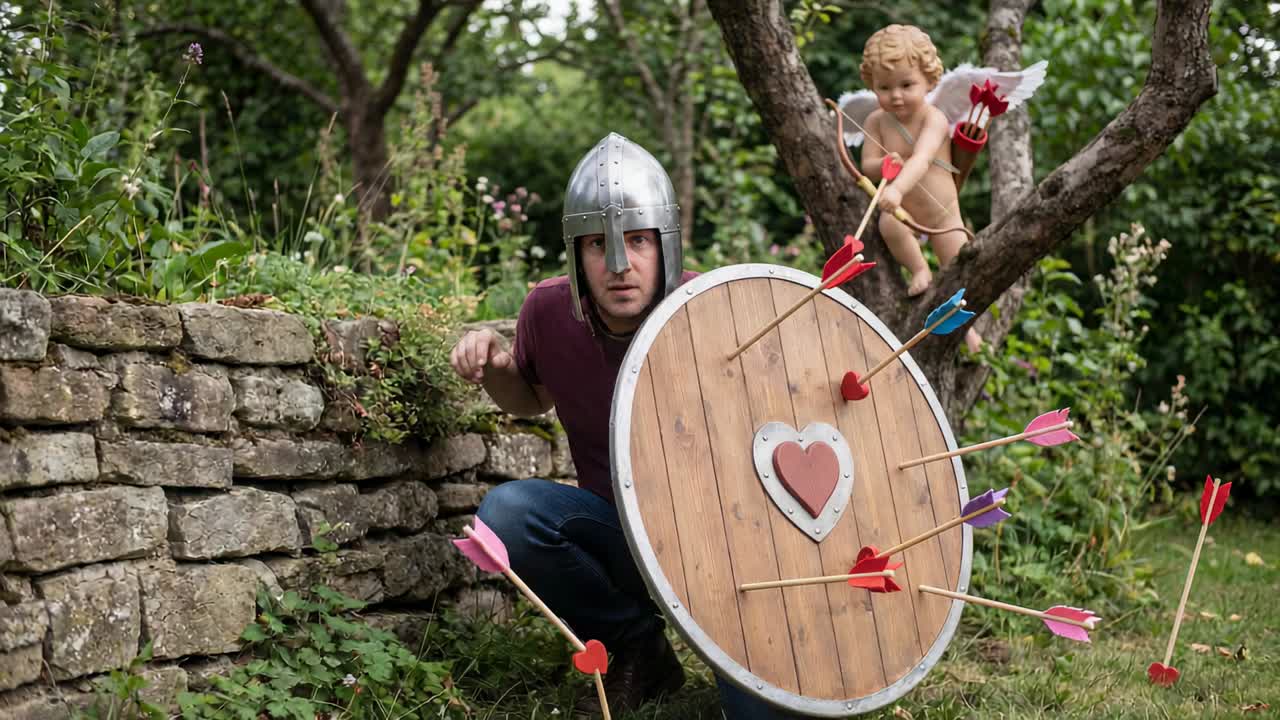 Uomo accovacciato che si protegge con scudo a forma di cuore ed elmetto in un giardino mentre un cherubino scocca frecce