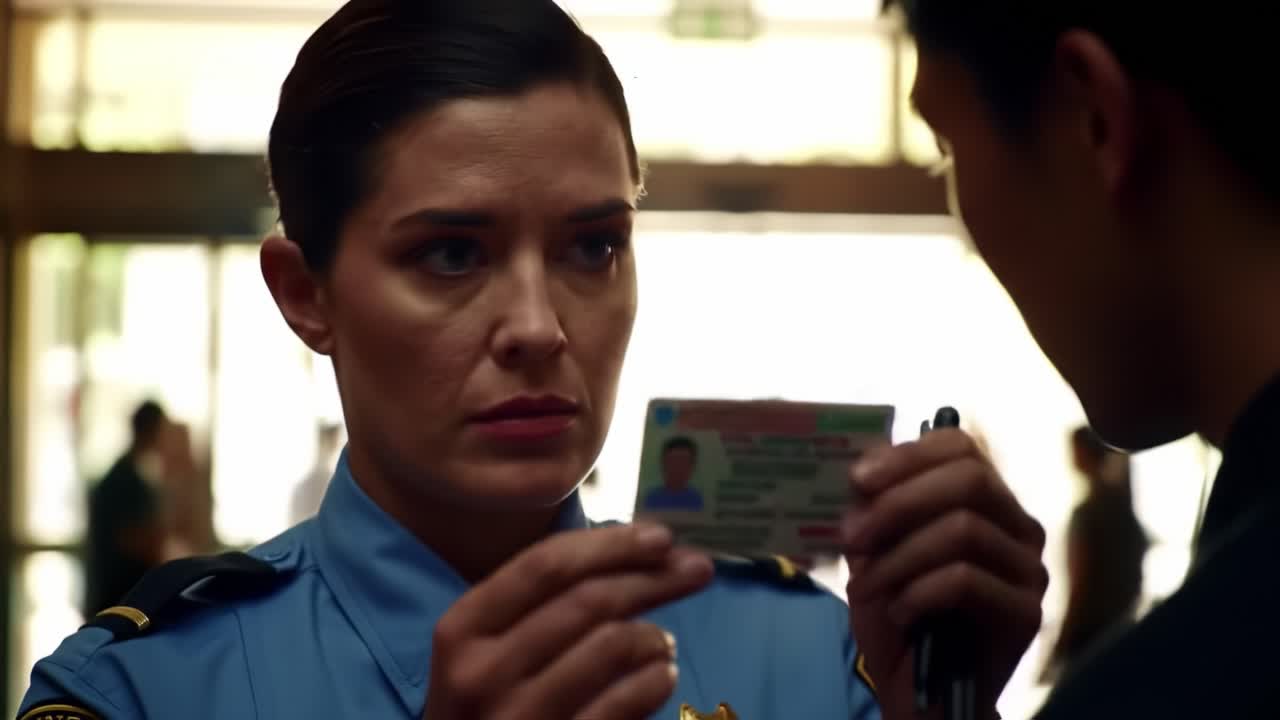 A Focused Interaction: A Police Officer Engaging with a Civilian, Examining an Identification, Amidst a Busy Environment