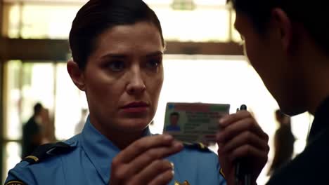 a focused interaction: a police officer engaging with a civilian, examining an identification, amidst a busy environment