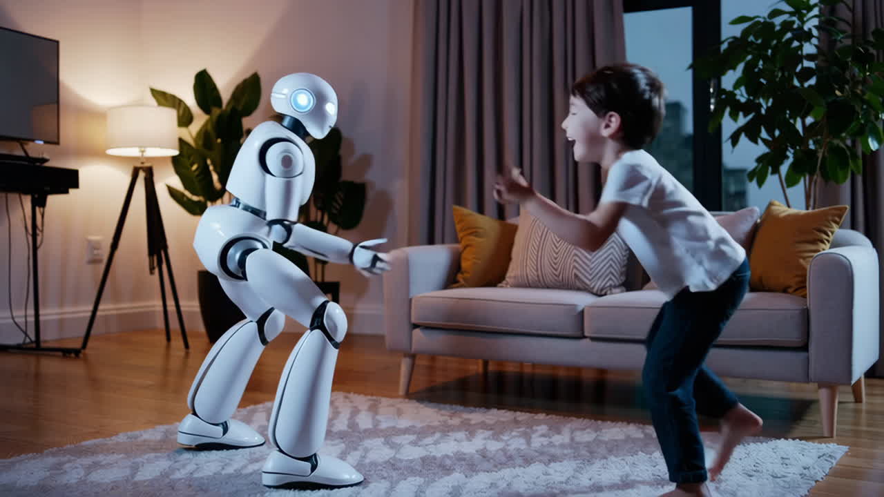 Robot and Child Playing in Living Room