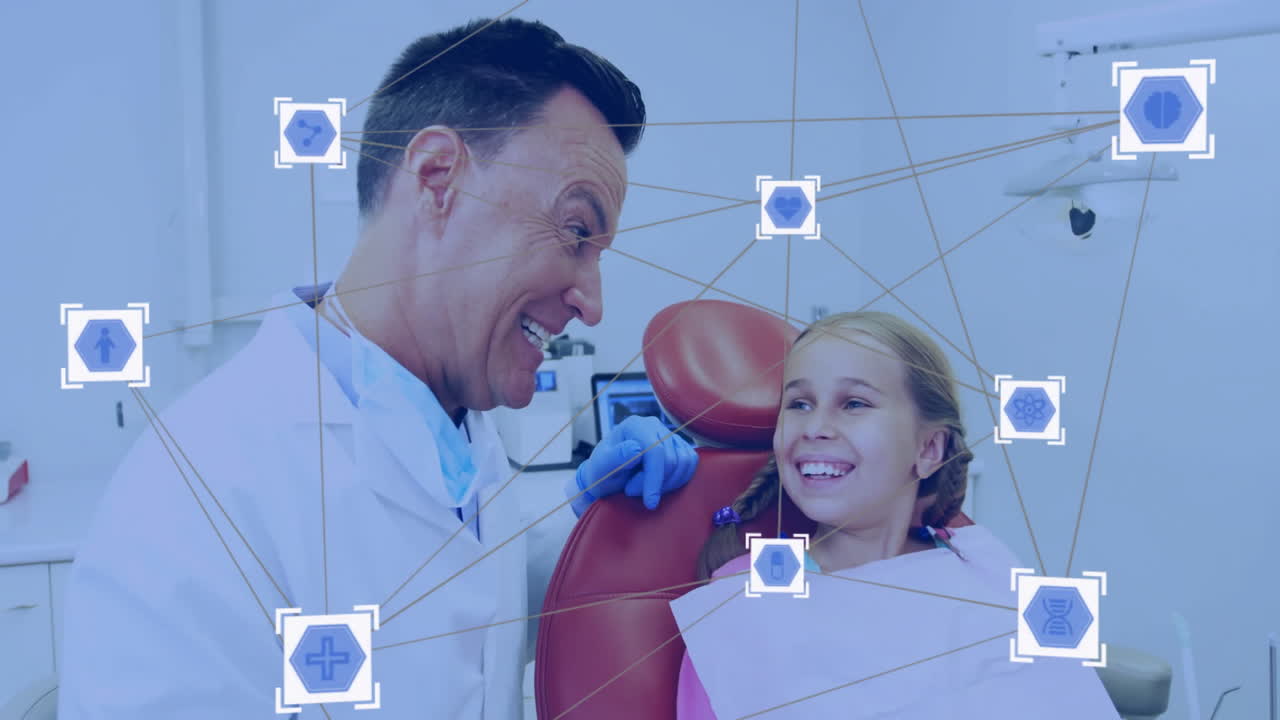 dentista y joven paciente sonriendo, animación de cuidado dental a través de la red de íconos