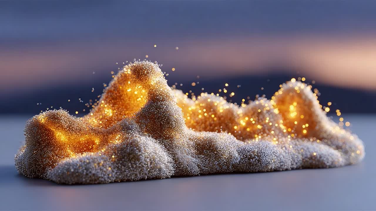 A captivating transformation of an ethereal landscape composed of shimmering particles, demonstrating a stunning visual display of light and texture in a dynamic environment