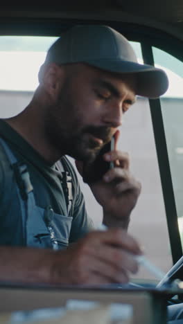delivery driver talking on phone and working inside van