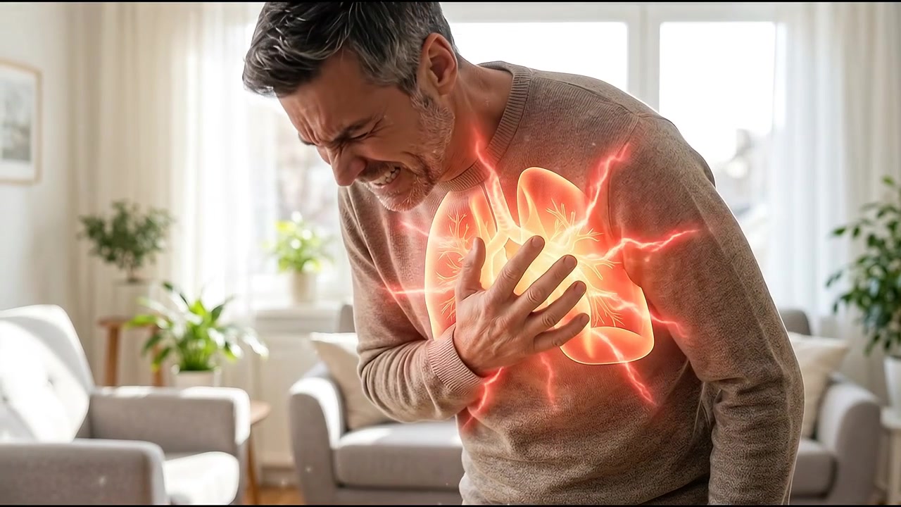 Man Experiencing Chest Pain with Animated Lung Illustration