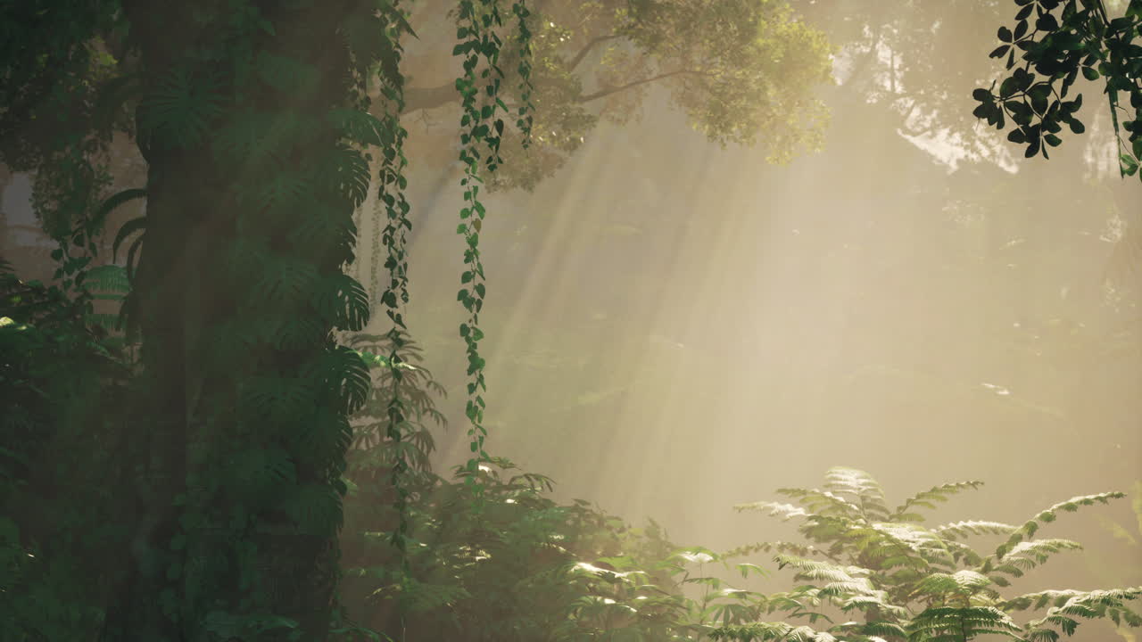 울창 한 열대 정글 을 가로질러 빛나는 빛