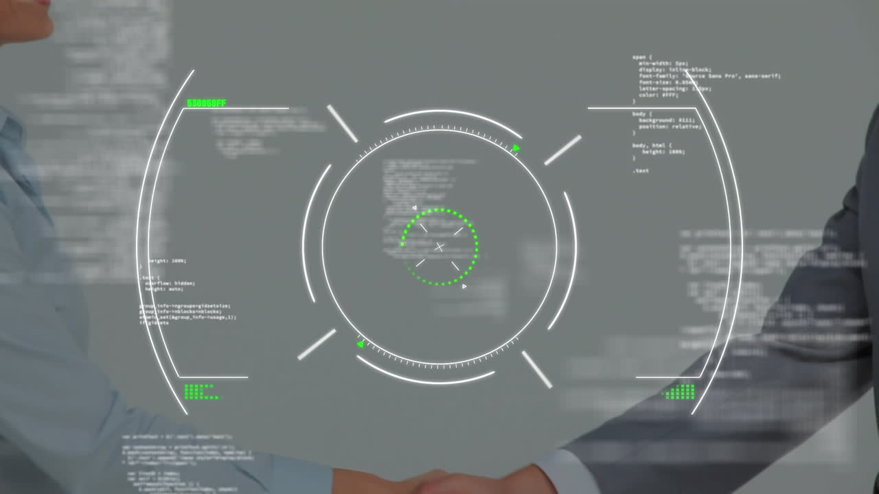 Animation of scope scanning over businessman handshake