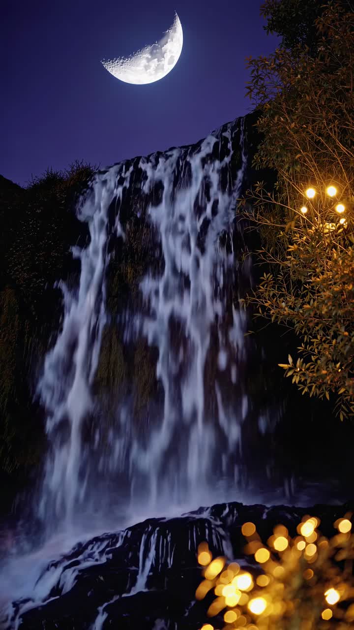 Waterfall at Night with Crescent Moon and Lights