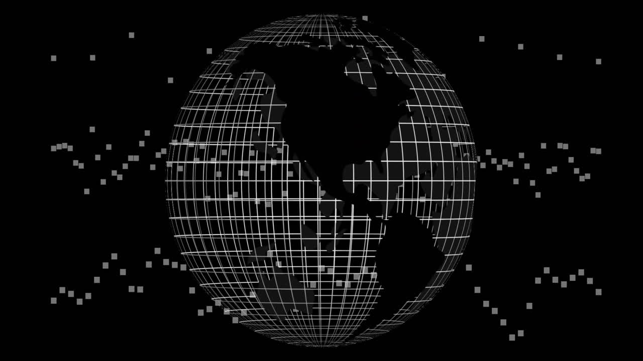 Rotating globe with grid lines and pixelated squares, digital world animation