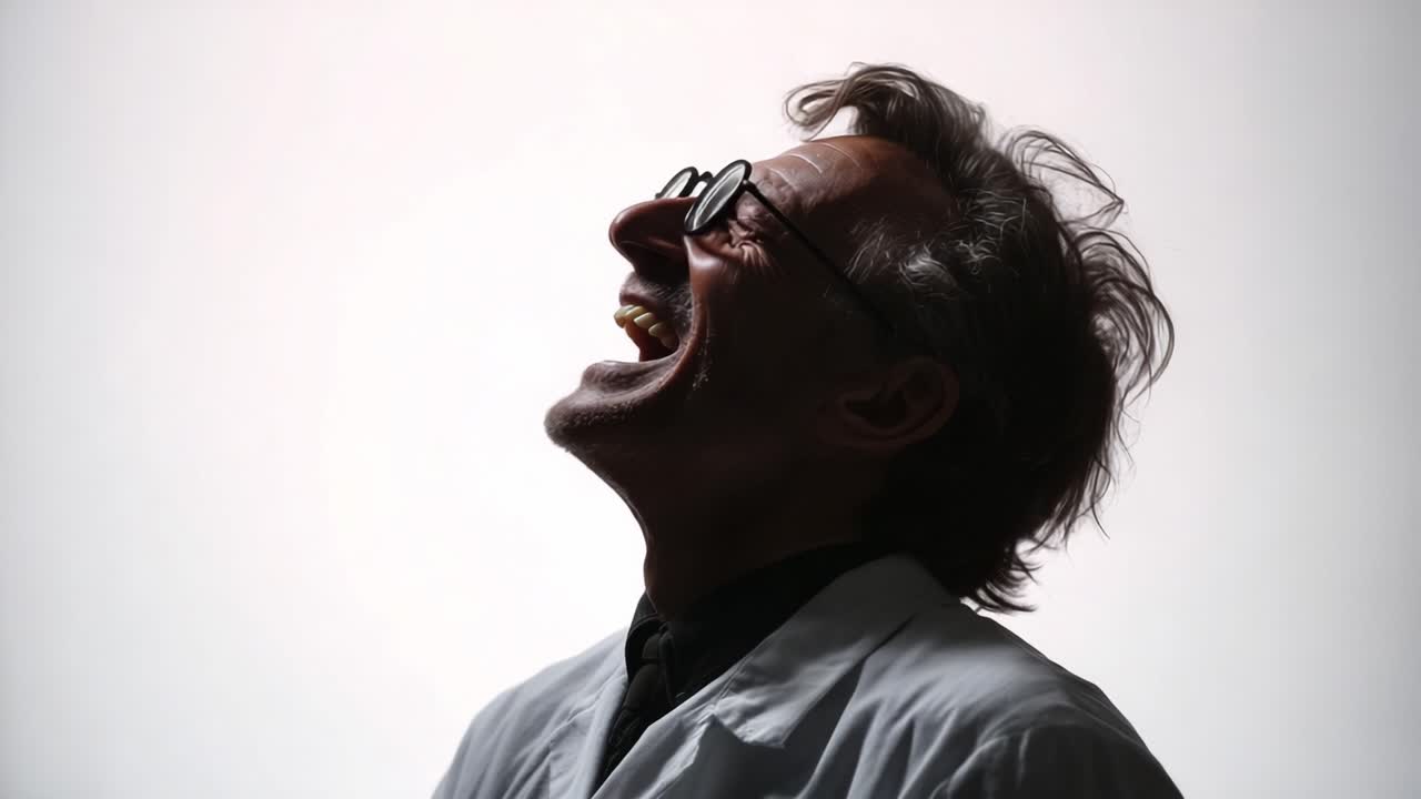 Uno scienziato gioioso in silhouette che ride di gusto, che mostra un momento di pura gioia su un semplice sfondo bianco, ritraendo l'essenza della felicità e della scoperta