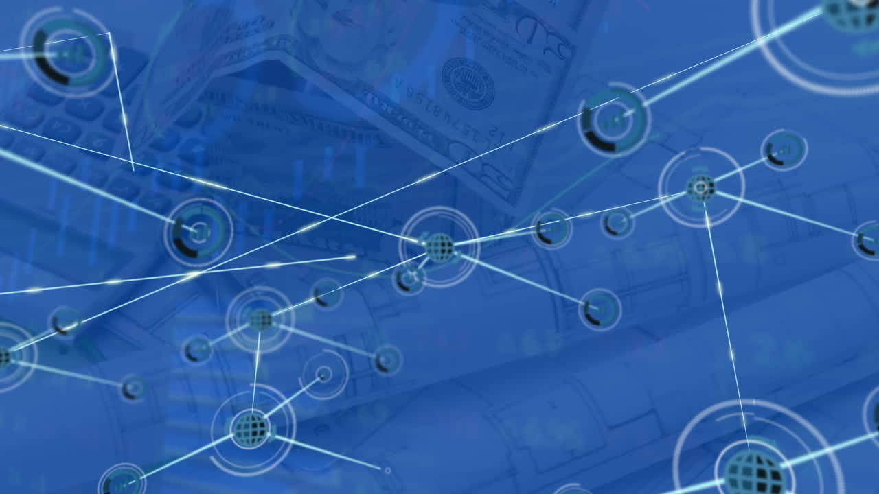 animación de la red de conexiones con iconos sobre la casa hecha con billetes de dólar estadounidense