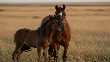 a tender moment of bonding between a horse and foal in the golden grasses of the countryside, capturing the essence of nature's beauty and connection