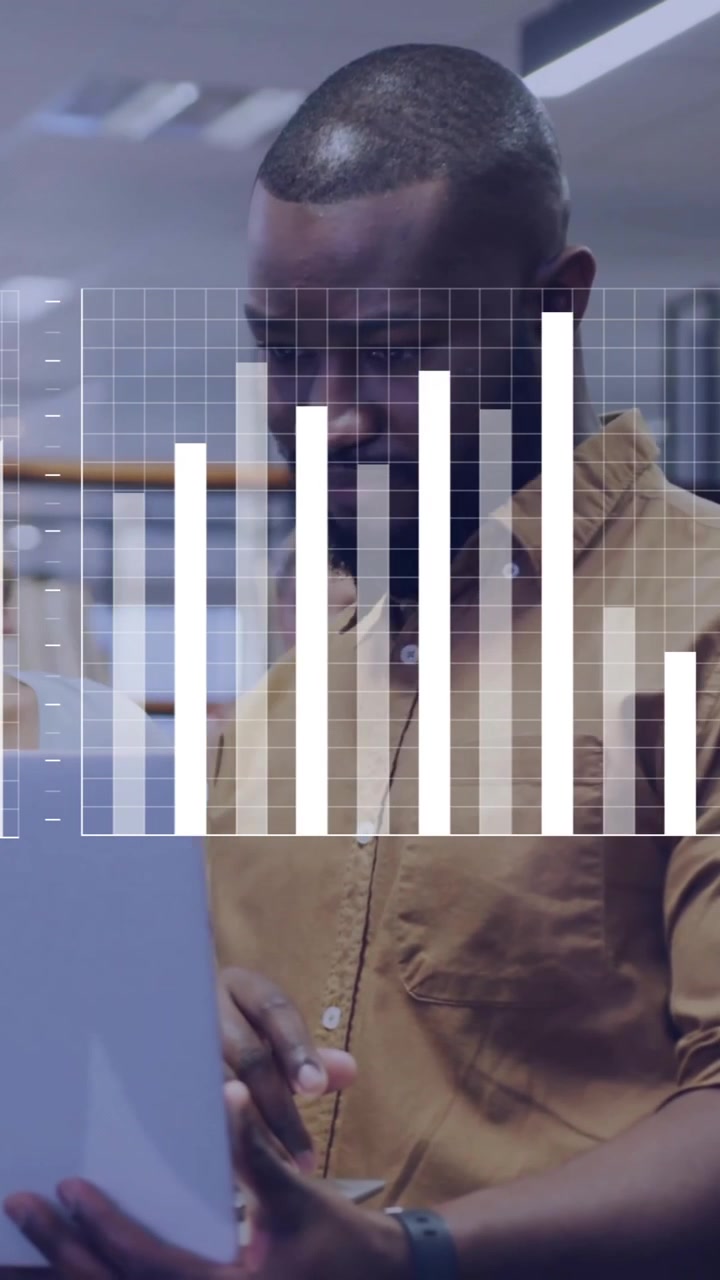 Animation of financial data processing over diverse colleagues discussing work in office