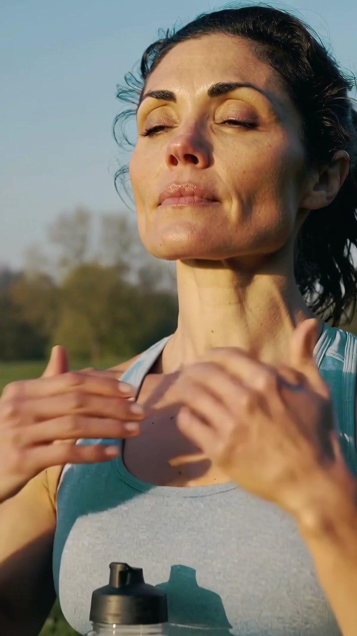 Video vertical: Mujer respirando y frotándose el cuello después de hacer ejercicio en un parque, en camiseta de tirantes y con una botella de agua.