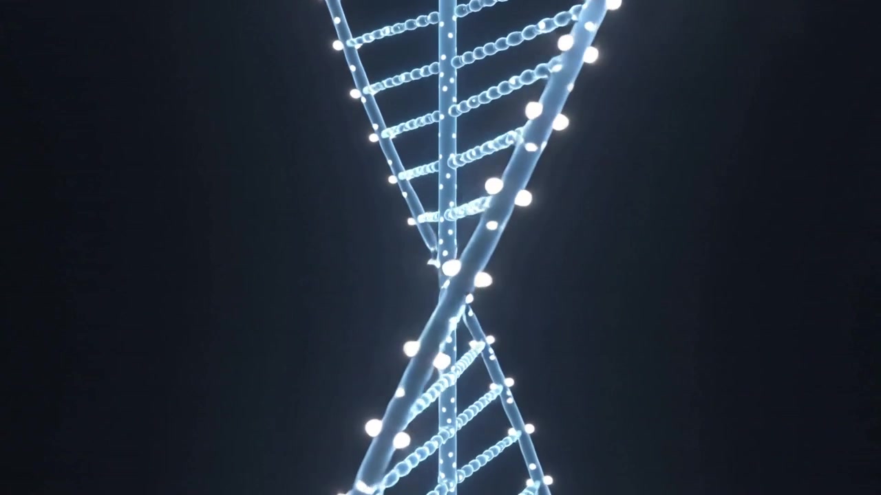 Rotating glowing helix with clear strands pulsing nodes rungs in dark vignette, camera zooming in