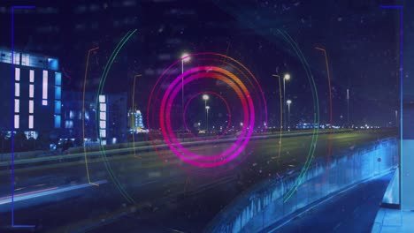 Animation-of-processing-circle-over-metaverse-city-and-blue-background