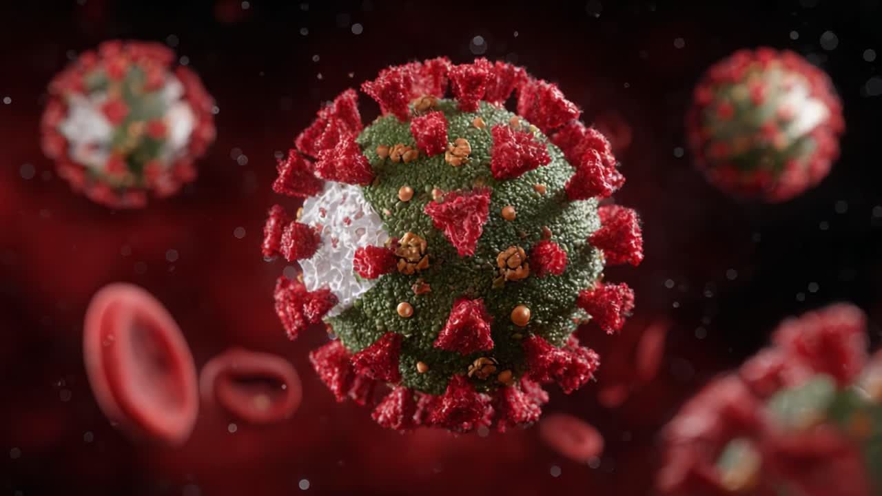 Microscopic View of a Virus: Detailed Examination of Viral Structure and Surrounding Red Blood Cells in a Dynamic Biological Environment
