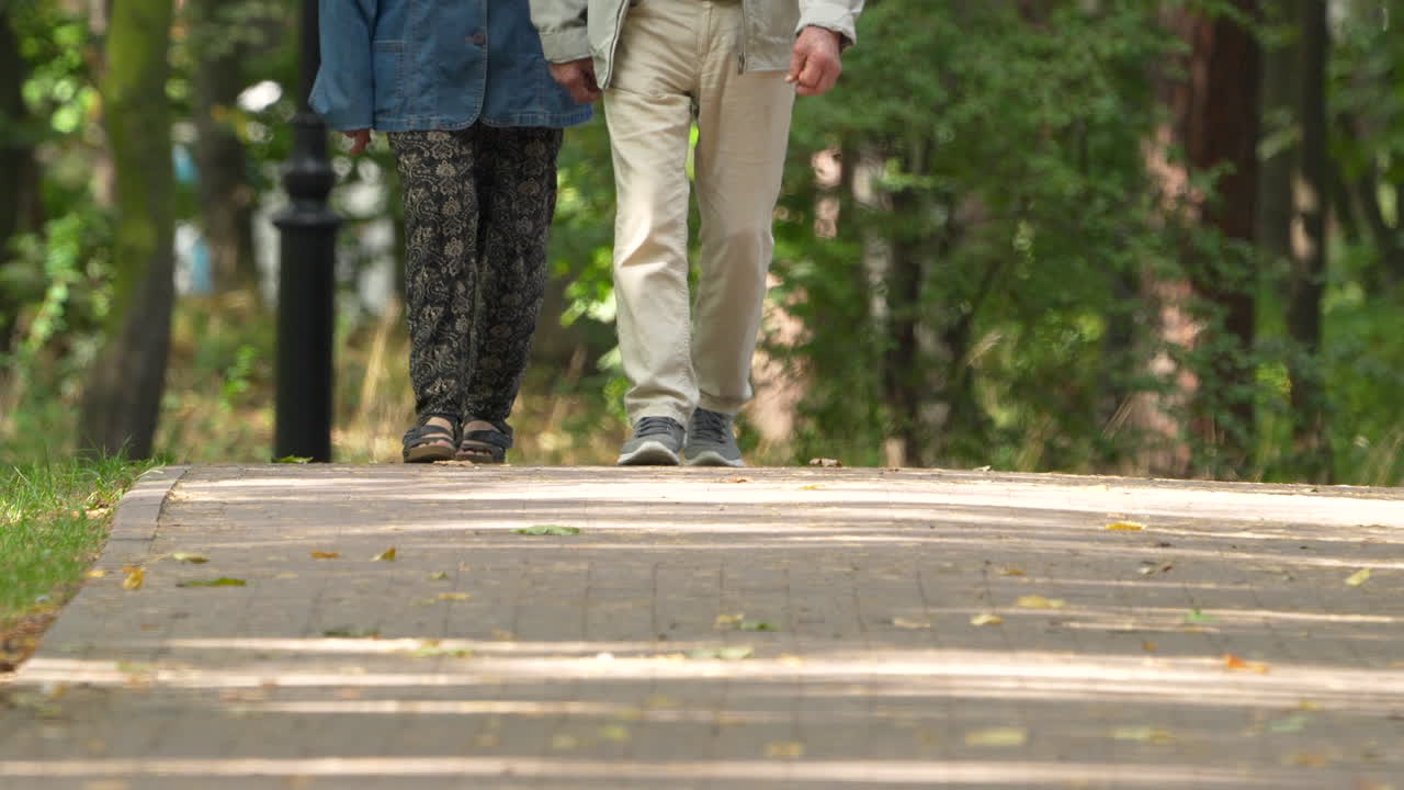 Two people walking together on a park path holding hands, close-up on walking feet, daytime, intimate
