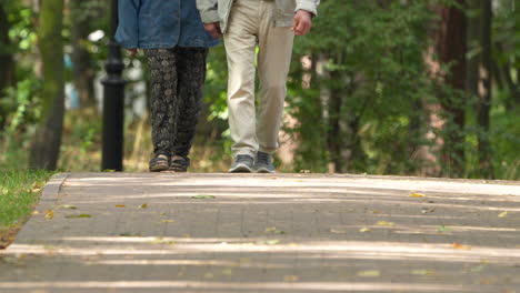 two people walking together on a park path holding hands, close-up on walking feet, daytime, intimate