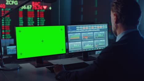 professional financial data analysts working on a computer with green screen in modern monitoring office with live analytics feed on a big digital screen. monitoring room with finance specialists.